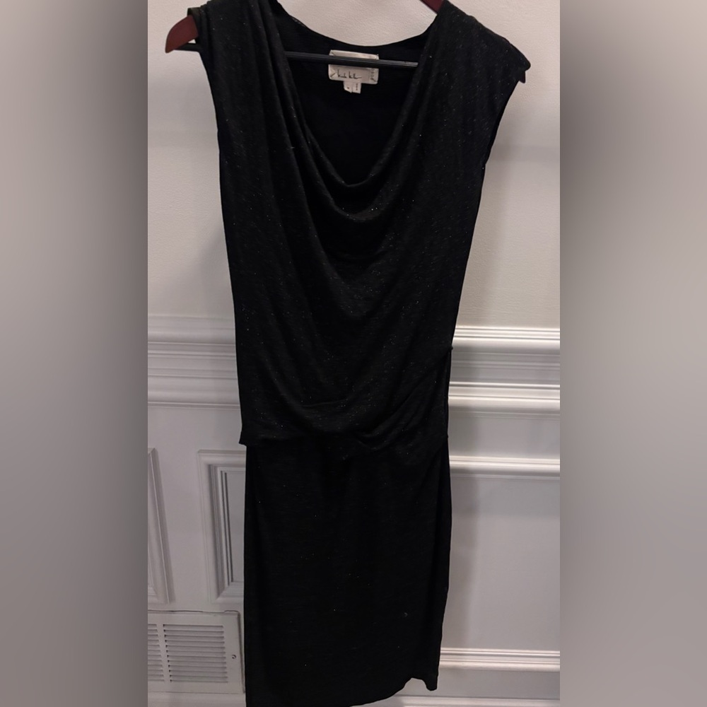 Nicole Miller Black shimmery draped midi sleeveless dress.